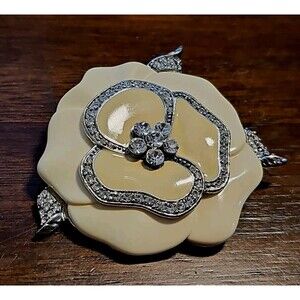 Vintage LC Liz Claiborne 2 Tone Lucite Ivory and Rhinestone Jewelry 2.5" Brooch